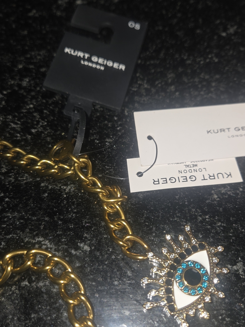 Kurt Geiger Gold Eye Charm Chain Belt with Teal Accent - Picture 4 of 4